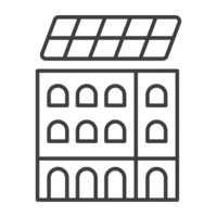 A dark grey icon of a commercial building with solar panels representing a commercial solar installation service
