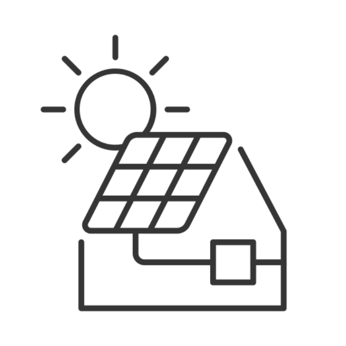 An icon of a house with a solar panel and a solar inverter